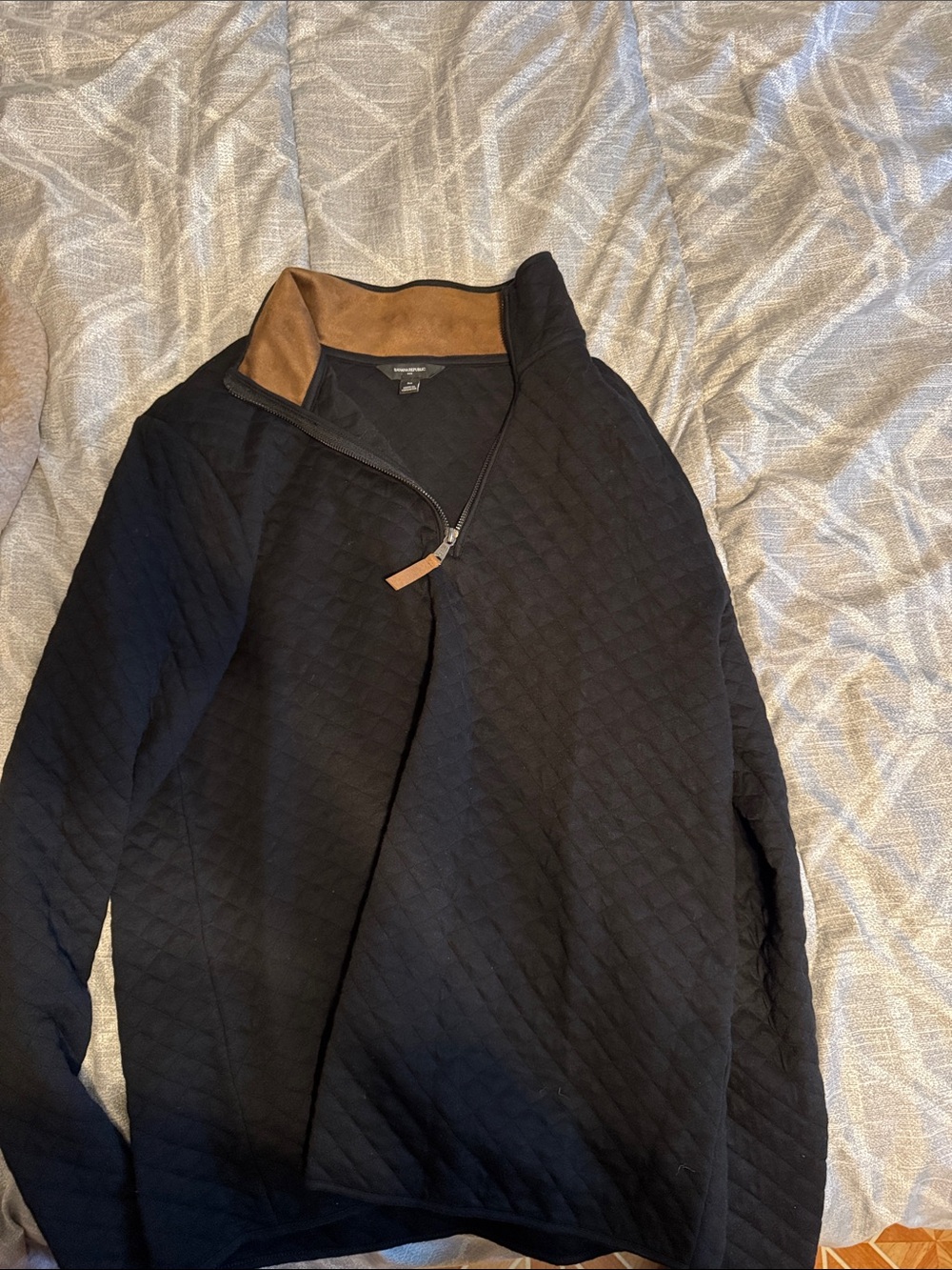 Banana Republic Black Quilted Half-Zip with Brown Collar Trim